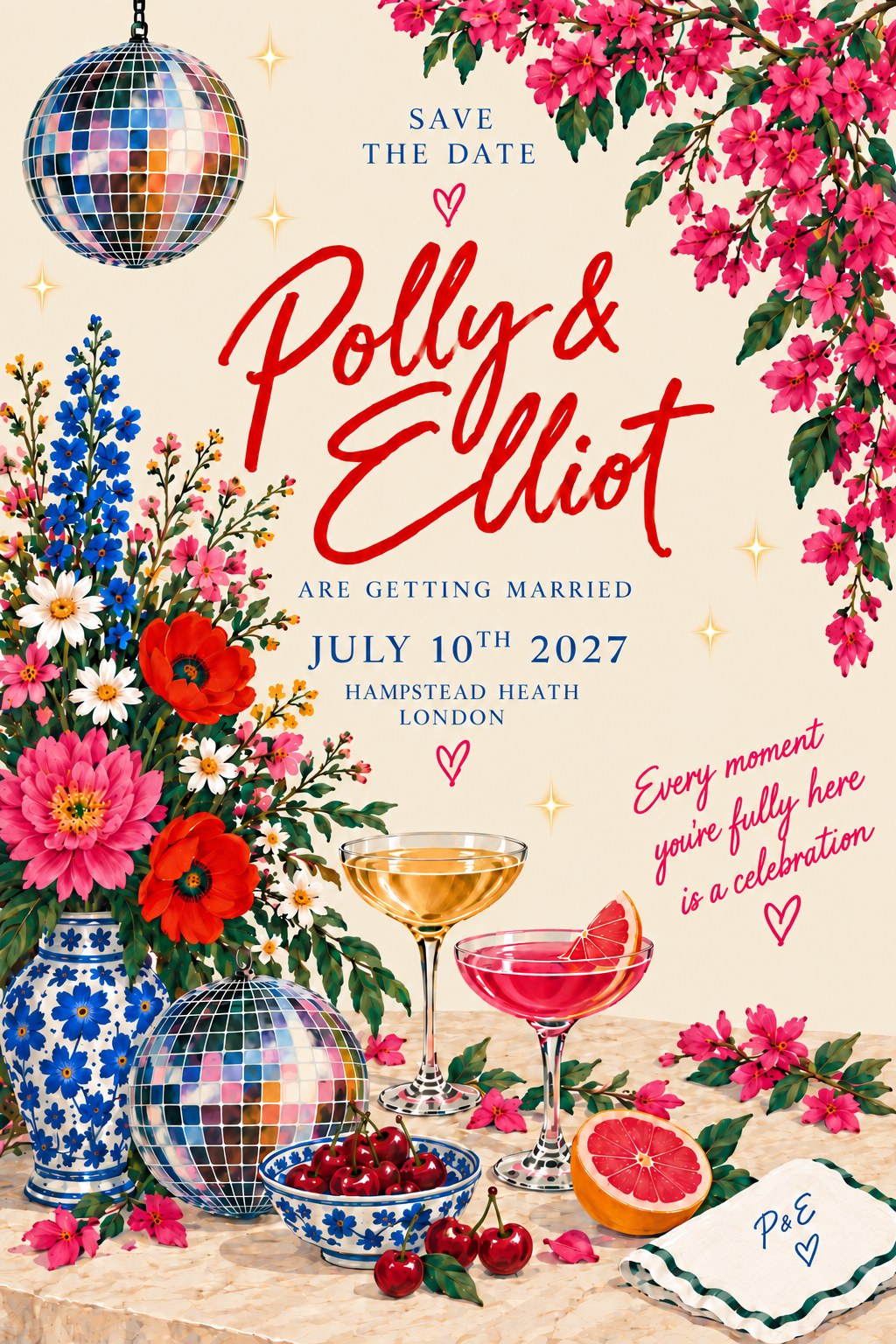 Save the date. Polly and Elliot are getting married, 10 July 2027, Hampstead Heath, London.